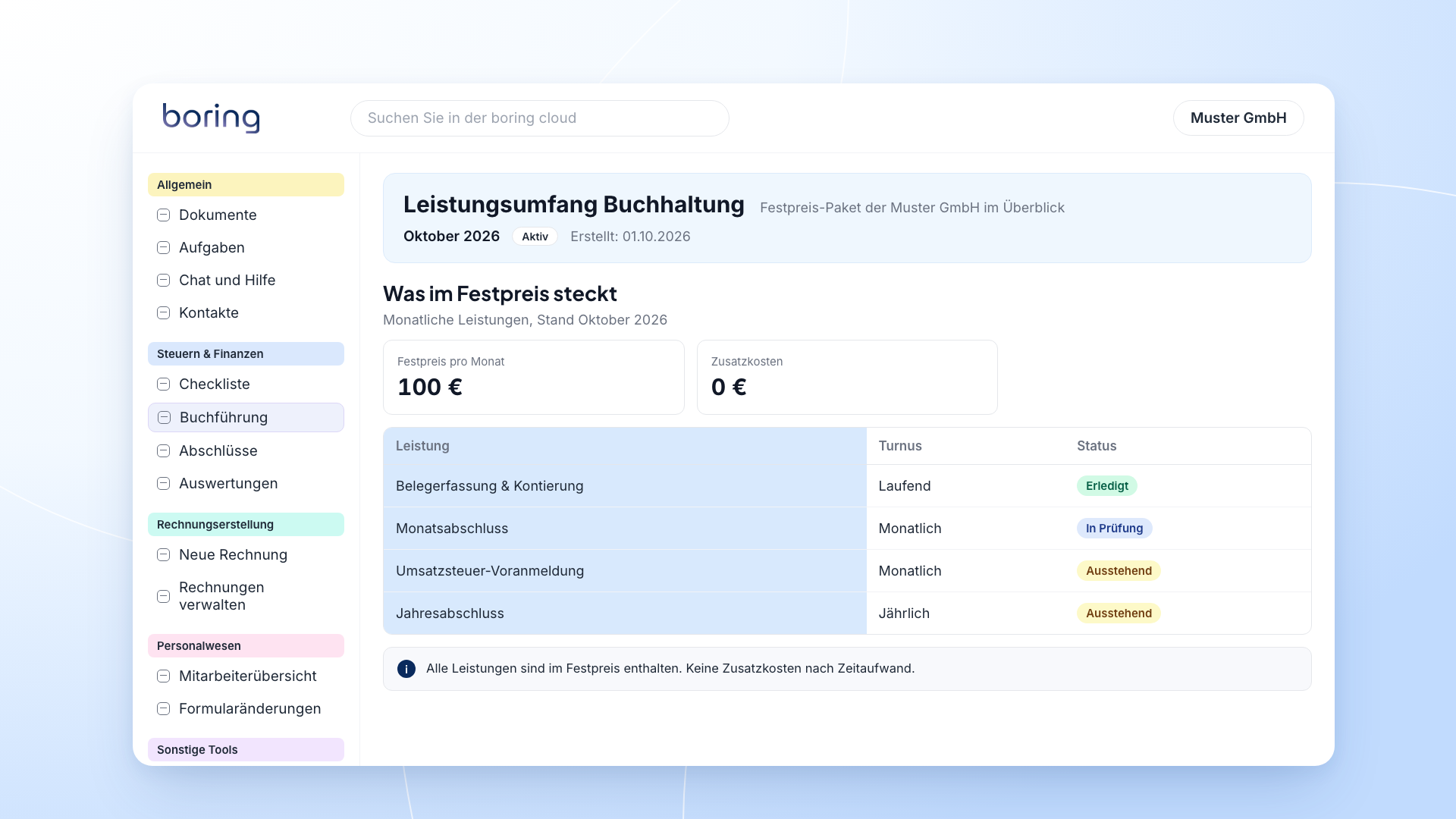 boring.tax-Ansicht: Festpreis-Übersicht für die ausgelagerte Buchhaltung einer GmbH