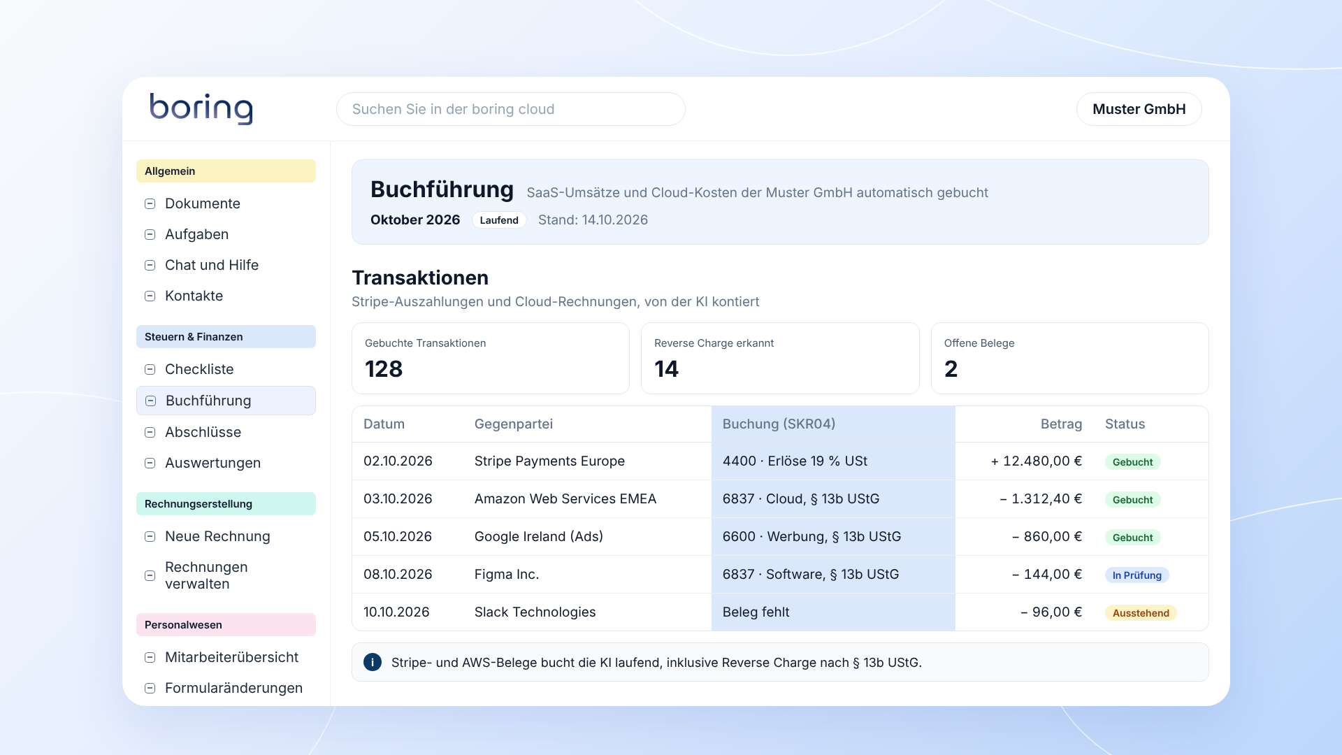 boring.tax-Ansicht: Stripe- und AWS-Belege automatisch gebucht