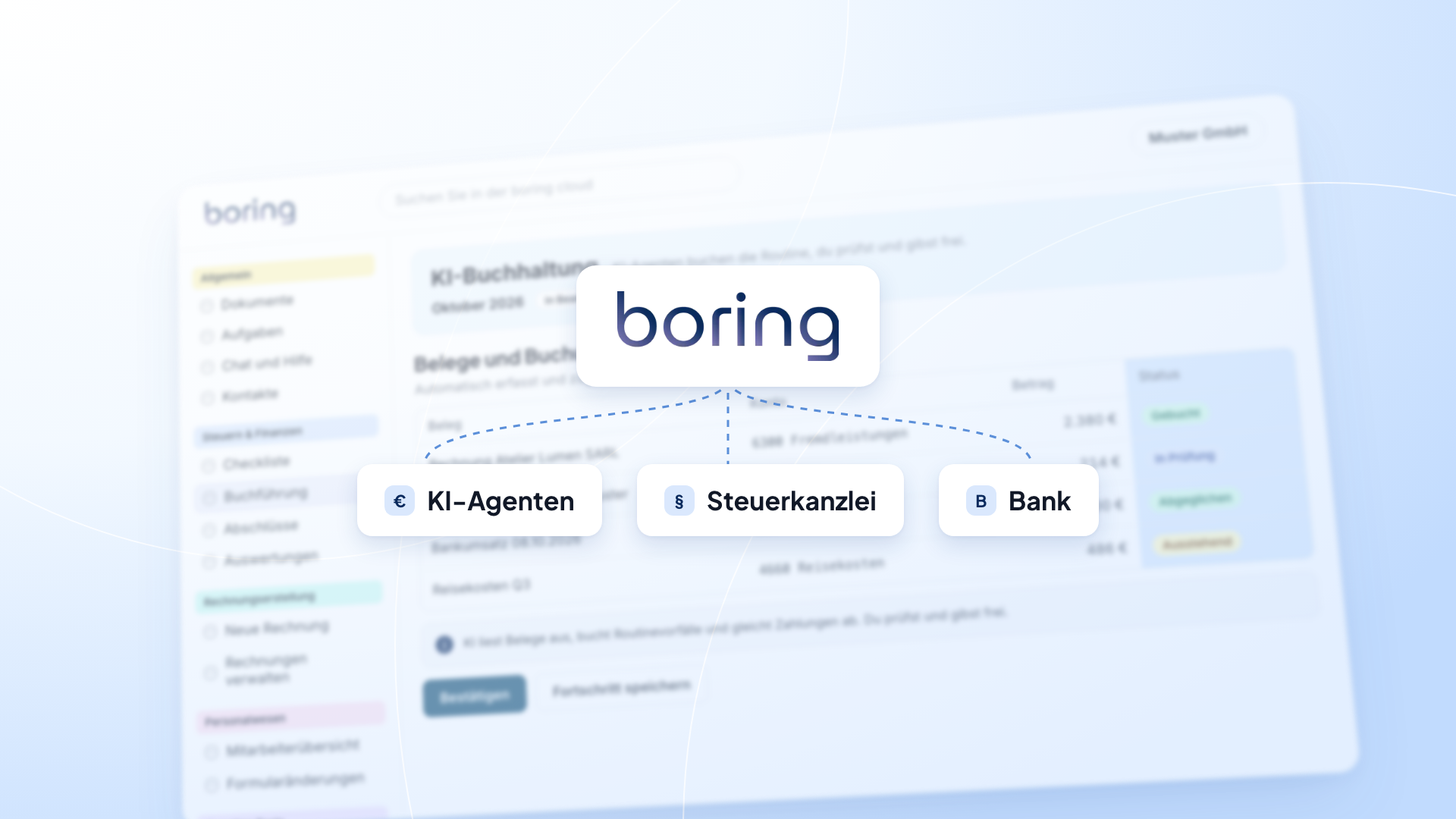 boring.tax-Ansicht: KI-Buchhaltung mit Belegerfassung und Bankabgleich für GmbH und UG