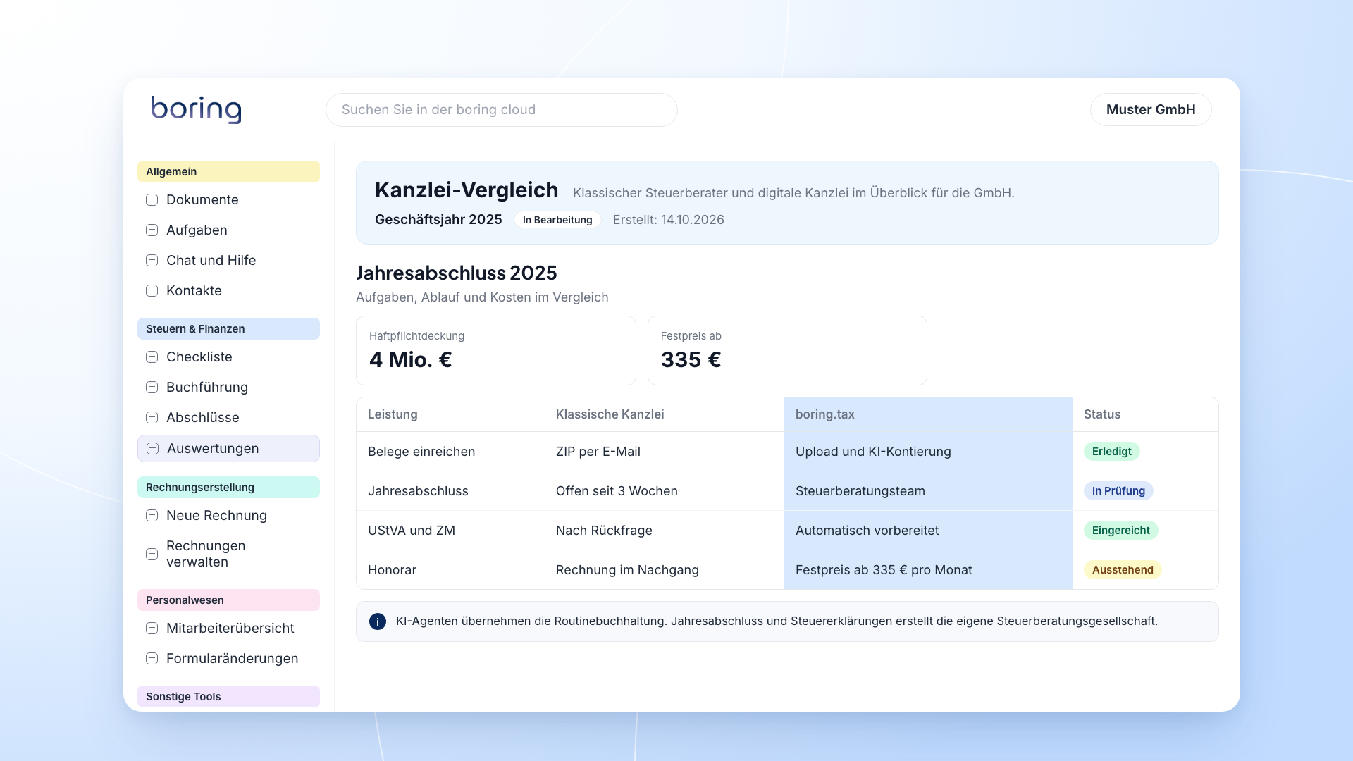 boring.tax-Ansicht: Festpreise und Leistungen einer digitalen GmbH-Kanzlei