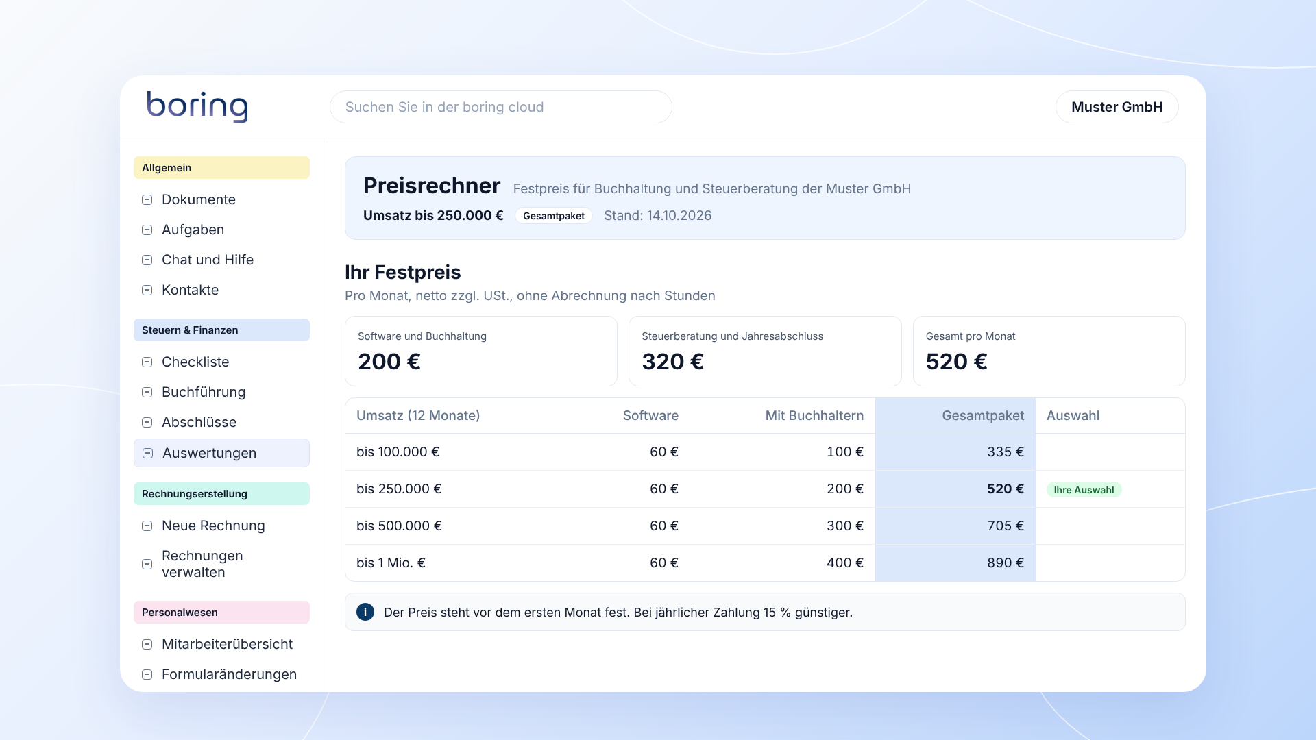 boring.tax-Ansicht: Festpreis-Preisrechner für die GmbH-Buchhaltung