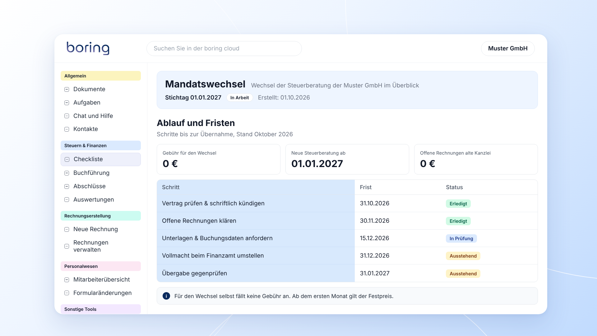 boring.tax-Ansicht: Mandatswechsel-Übersicht mit Fristen und Kosten für die GmbH